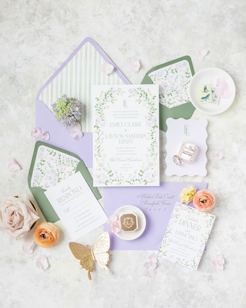 Elegant wedding invitation suite in lavender and sage green with floral watercolor details.