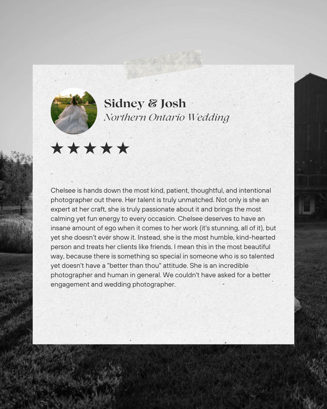 A wedding photography review screenshot with star rating.