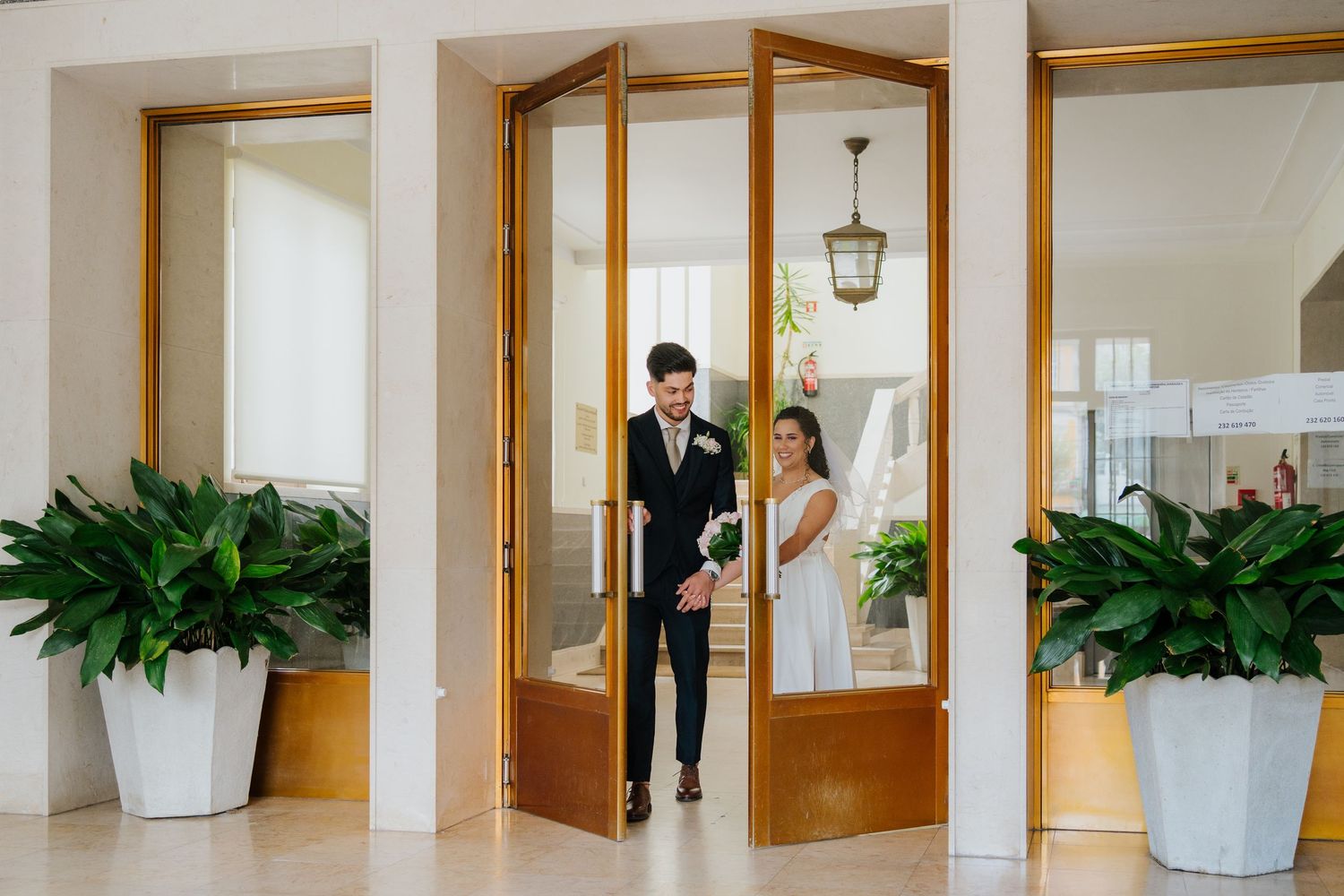Modern office interior with wood-framed glass walls, white planters with green plants, and pendant lighting.