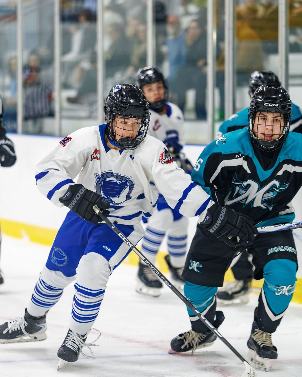 Two youth hockey players compete on ice, one in white and blue, the other in teal and black uniforms.