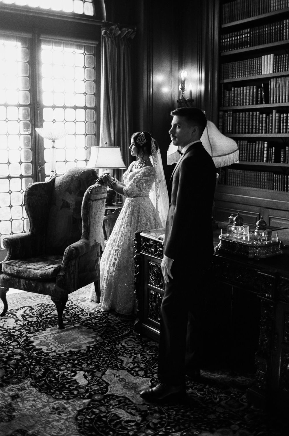 Film portrait of a bride and groom at Cuneo Mansion.