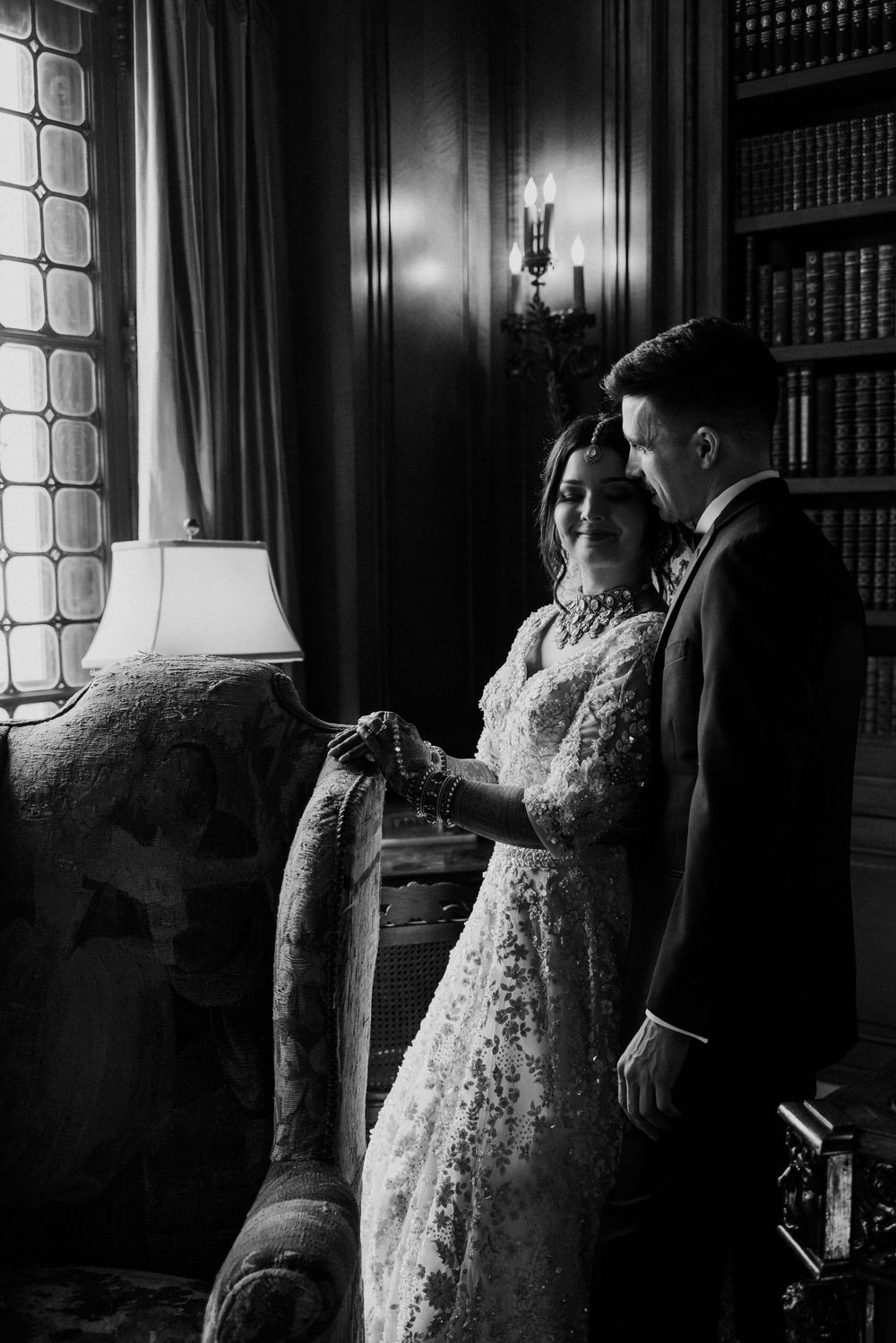 Film portrait of a bride and groom at Cuneo Mansion.