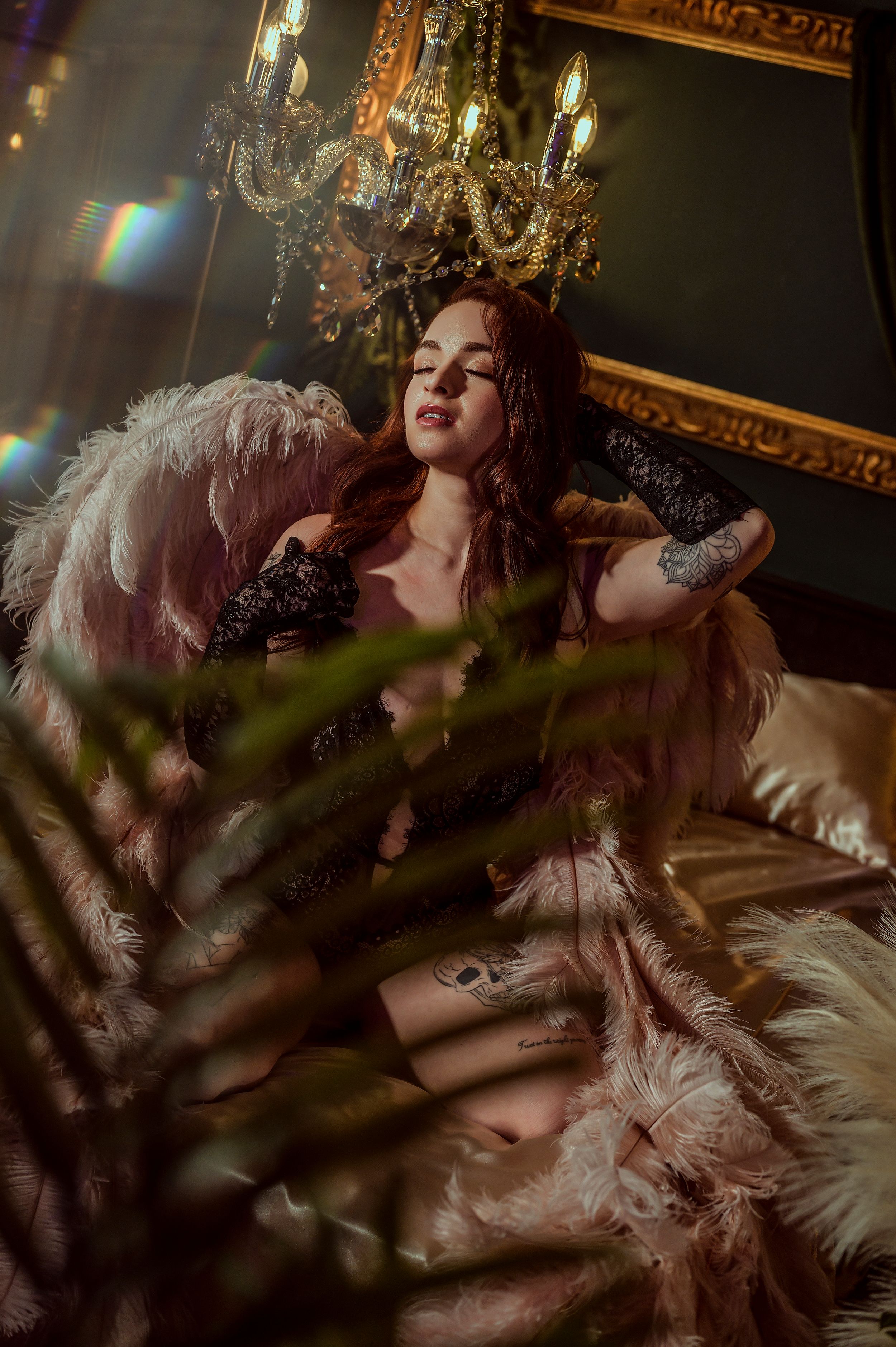 Moody boudoir scene with ornate chandelier and soft feathers in dramatic lighting against vintage gold frame backdrop.