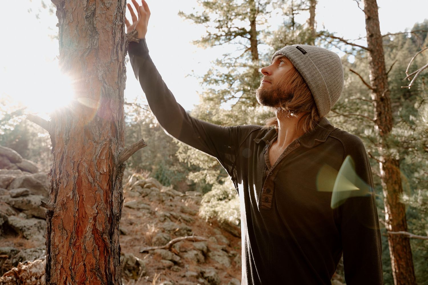 Figure in beanie reaches toward sunlit tree trunk in mountain forest setting.