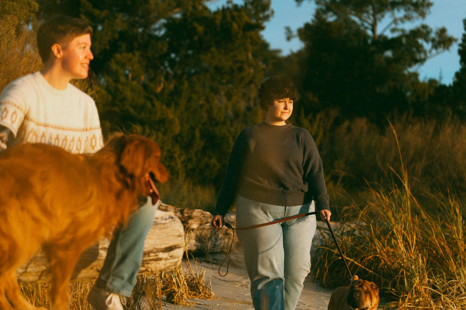 Carolina Beach State Park couples photography session with two dogs near Wilmington NC. Pet-friendly, LGBTQ+ friendly couples photographer