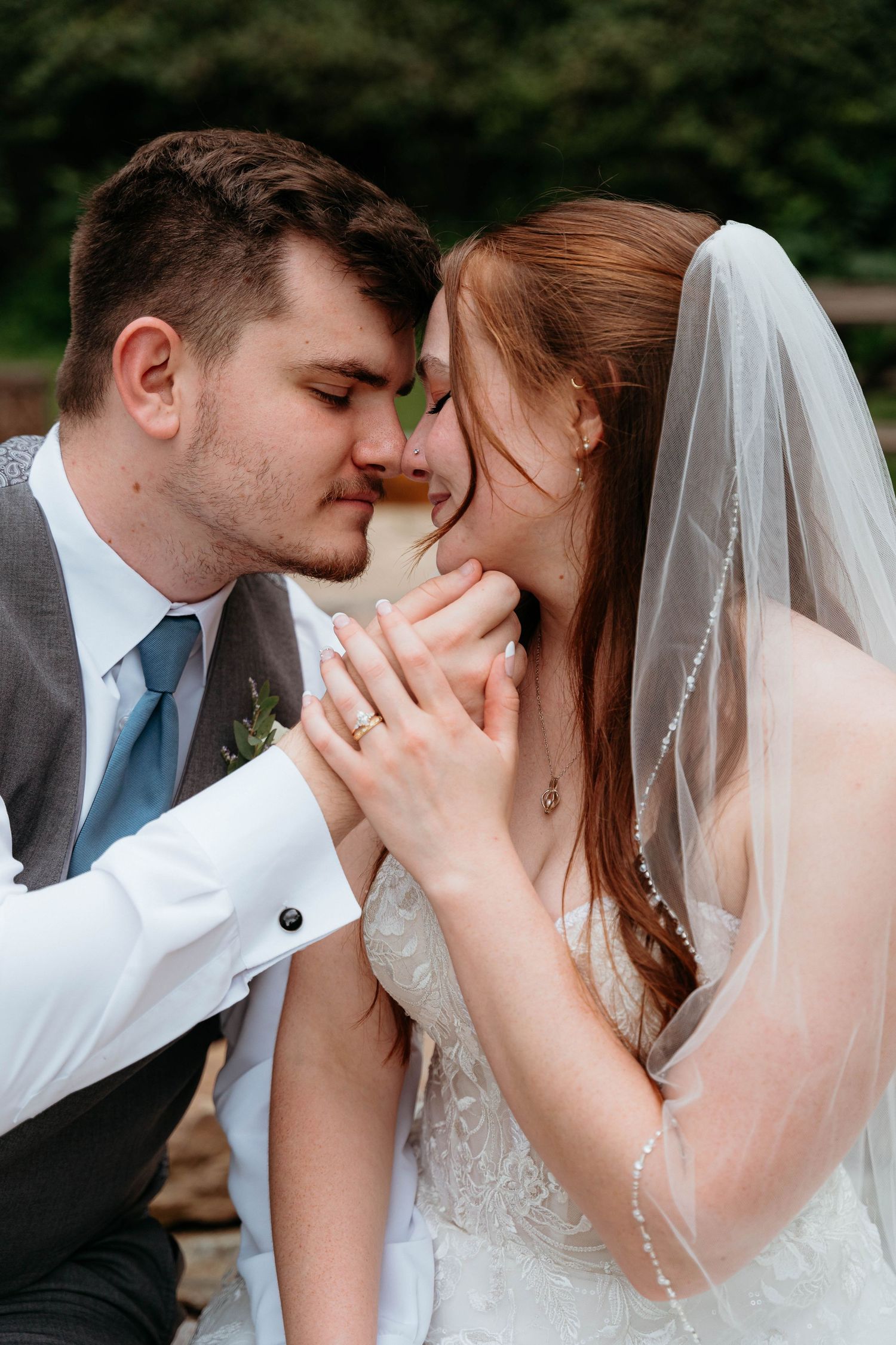A romantic wedding photoshoot series showing tender moments between a couple in formal attire and bridal veil.