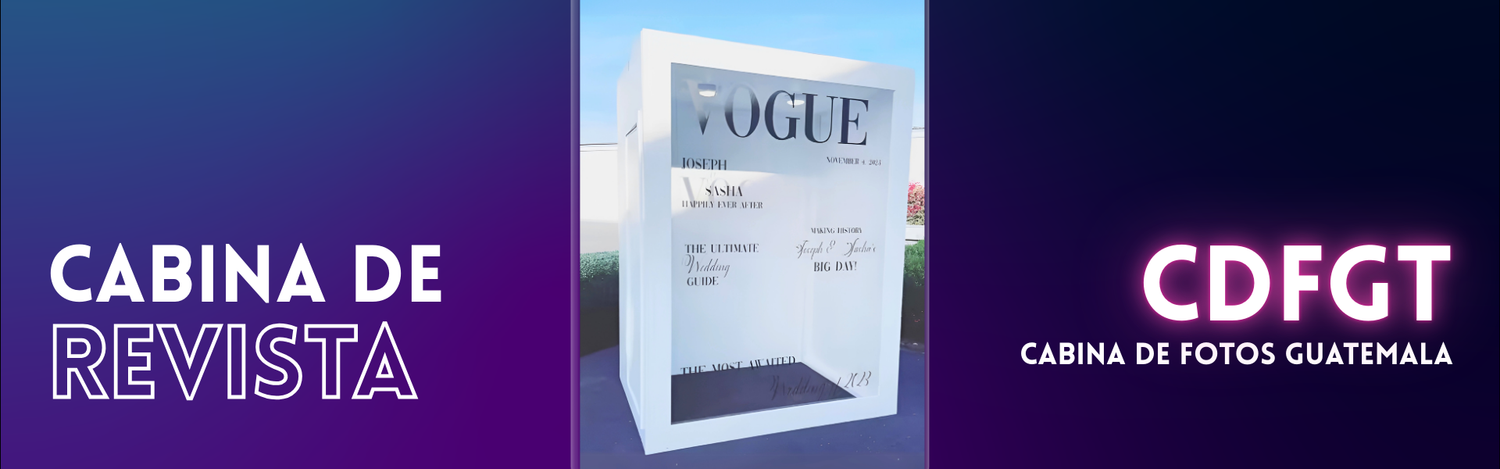 Cabina de revista personalizada con nombre y fecha del evento en Guatemala