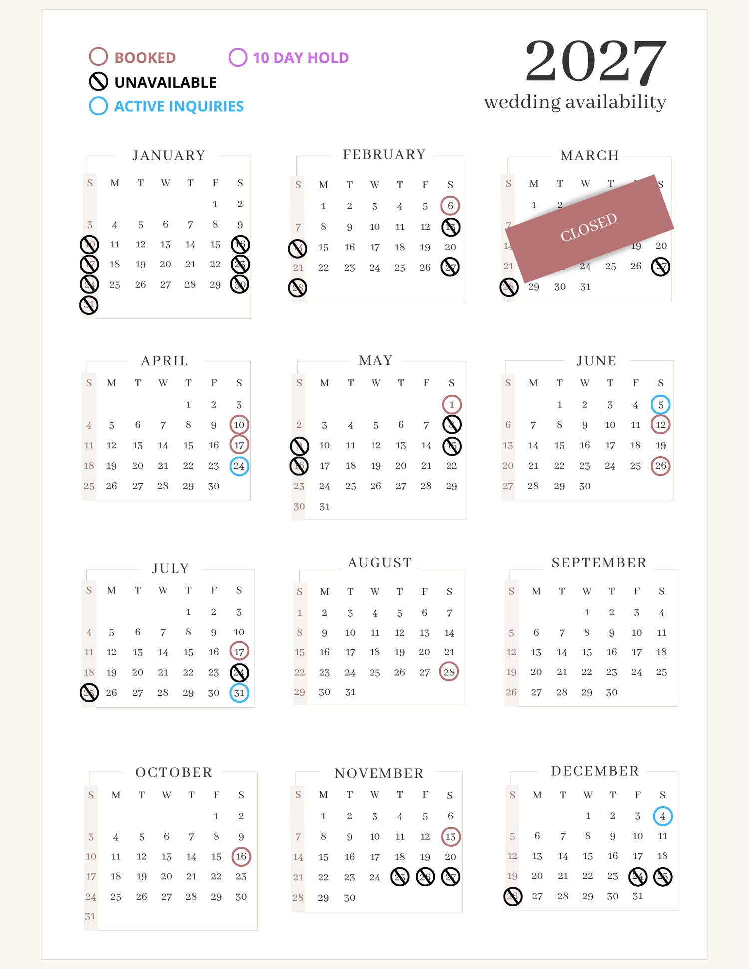 2027 wedding availability calendar showing booked dates, unavailable periods, and active requests marked throughout the year.