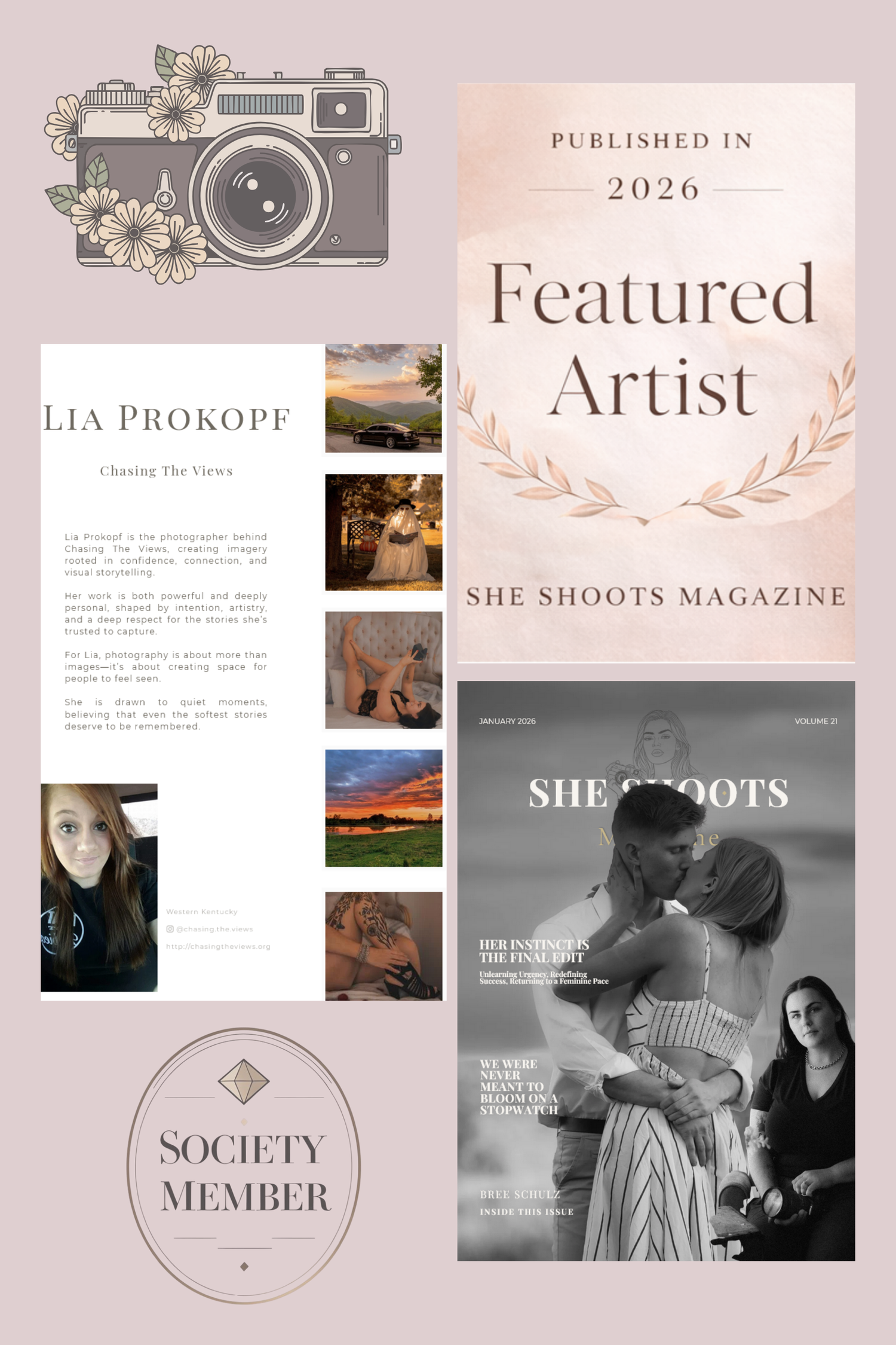 Elegant photography portfolio website mockup featuring muted pink and gray tones with magazine layouts and society member badges.