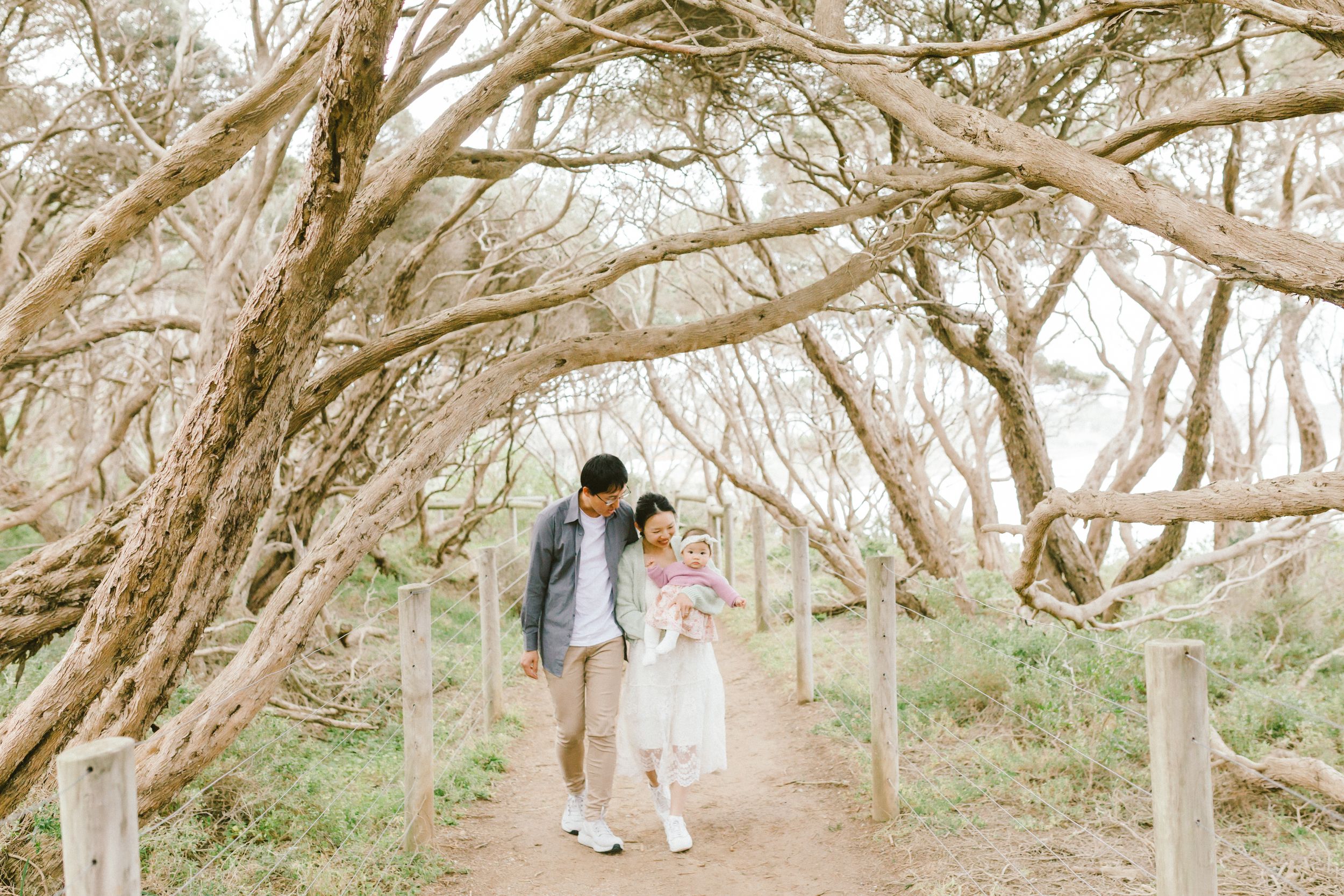Two people stroll along a scenic path beneath towering snow gum trees in the Australian high country.