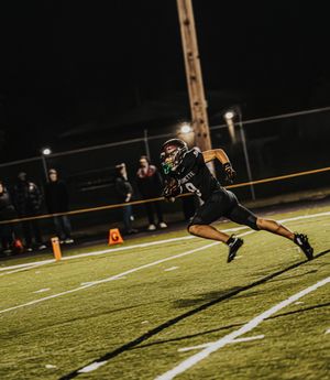 Football player dives horizontally to make a dramatic catch during a nighttime game on an illuminated field.