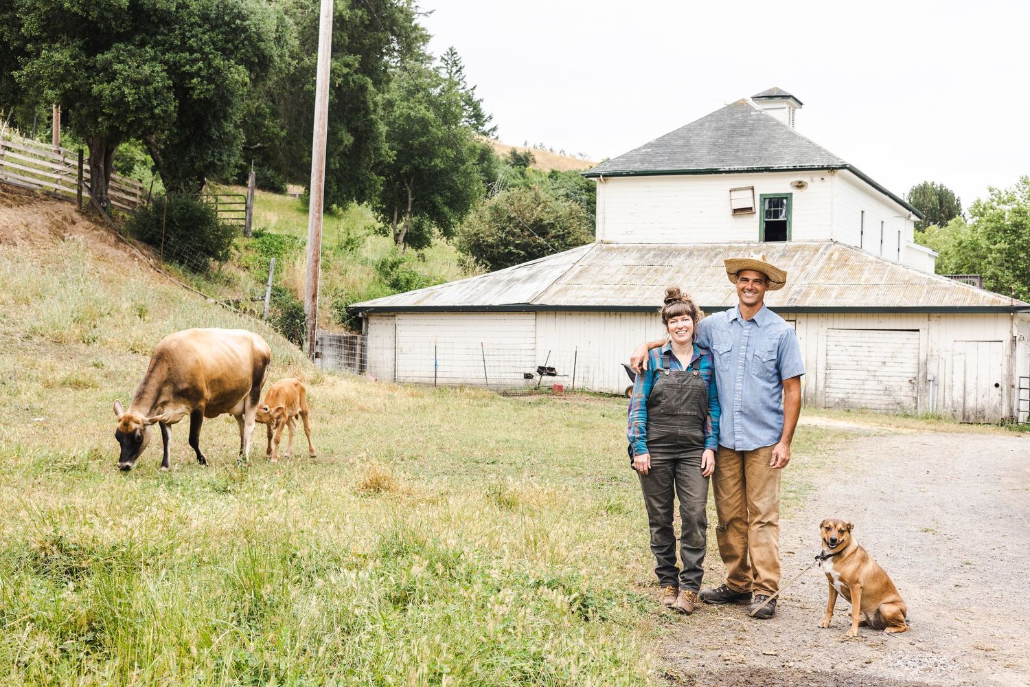 A horse and foal graze in a pasture near a white barn while two people and a dog stand on a dirt path.
