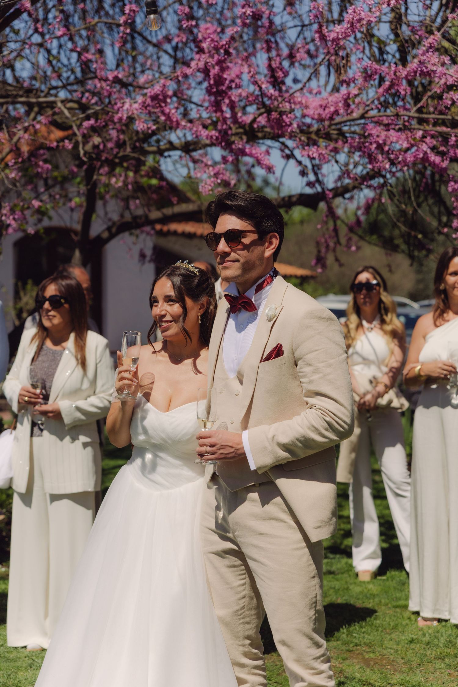 Bride and groom smiling and holding champagne under a pink flowering tree at their wedding.