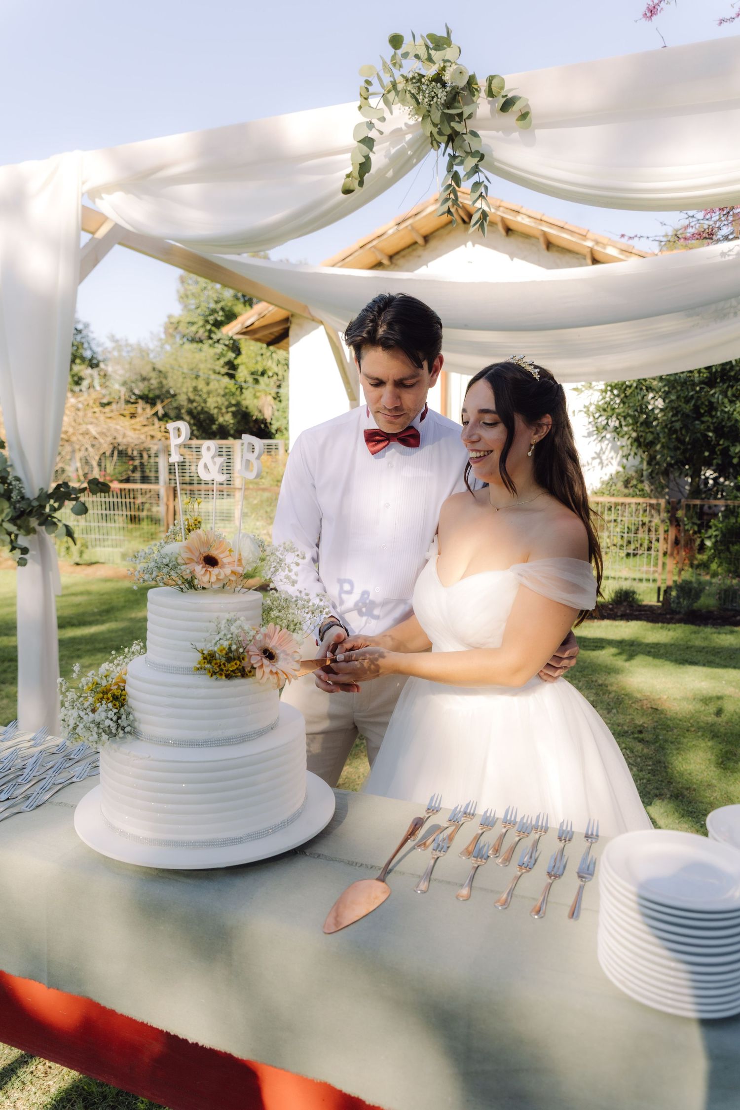 Bride and groom in beige suit with red bow tie cut white tiered wedding cake under outdoor canopy.