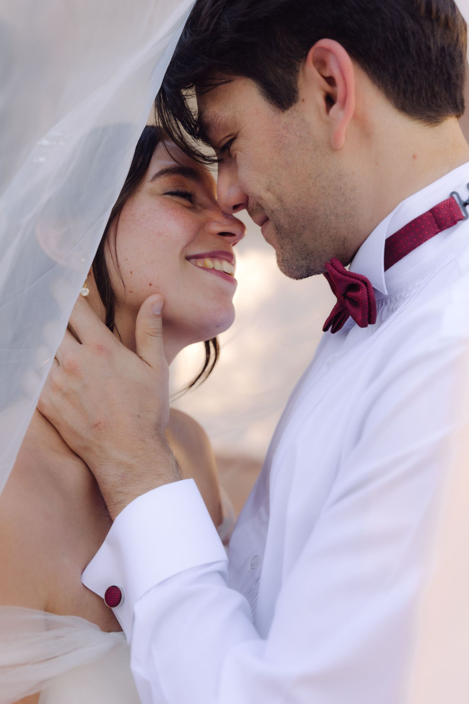Groom tenderly holds brides face under sheer veil as she smiles radiantly on wedding day.