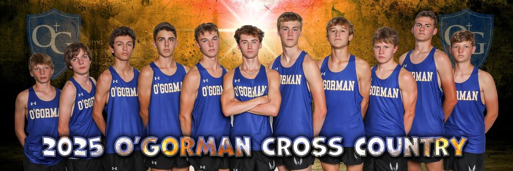 Athletes in blue uniforms stand together in a row outdoors for a team photo at a cross country event.