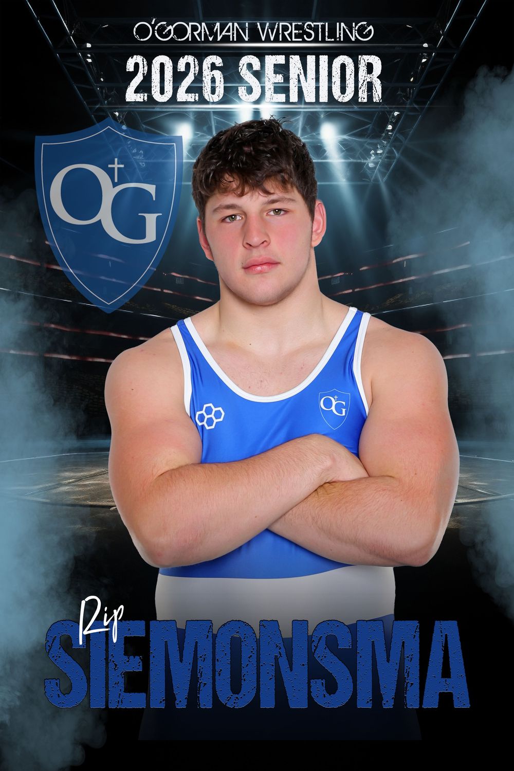 Wrestling athlete senior portrait in blue uniform against dark background.