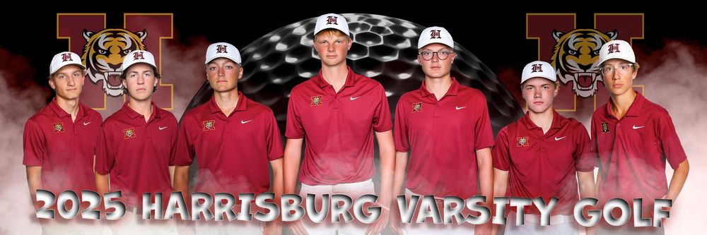 High school varsity golf team photo banner with red and black checkered background.