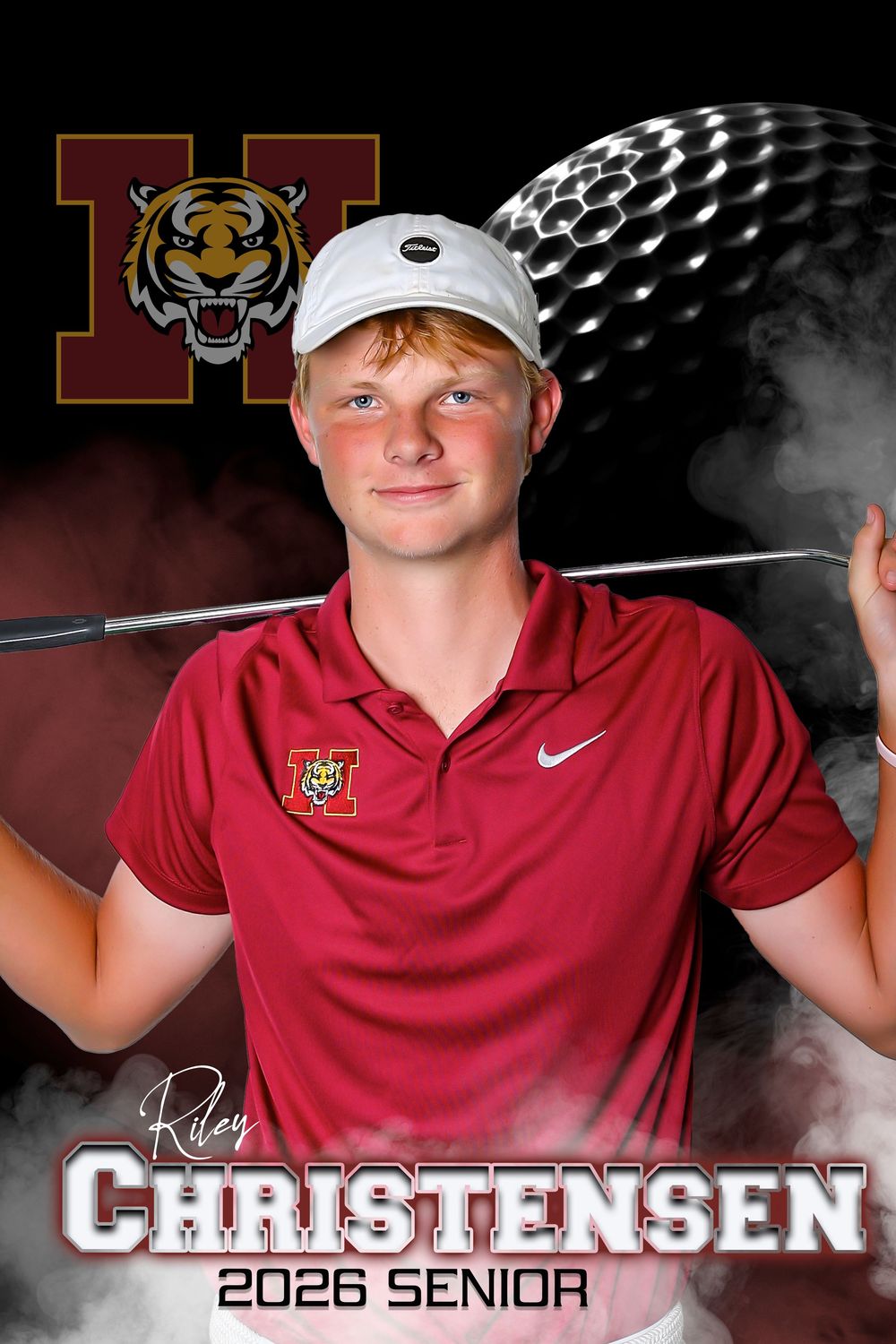 Golf team photo featuring player in red polo and white cap against dramatic backdrop.