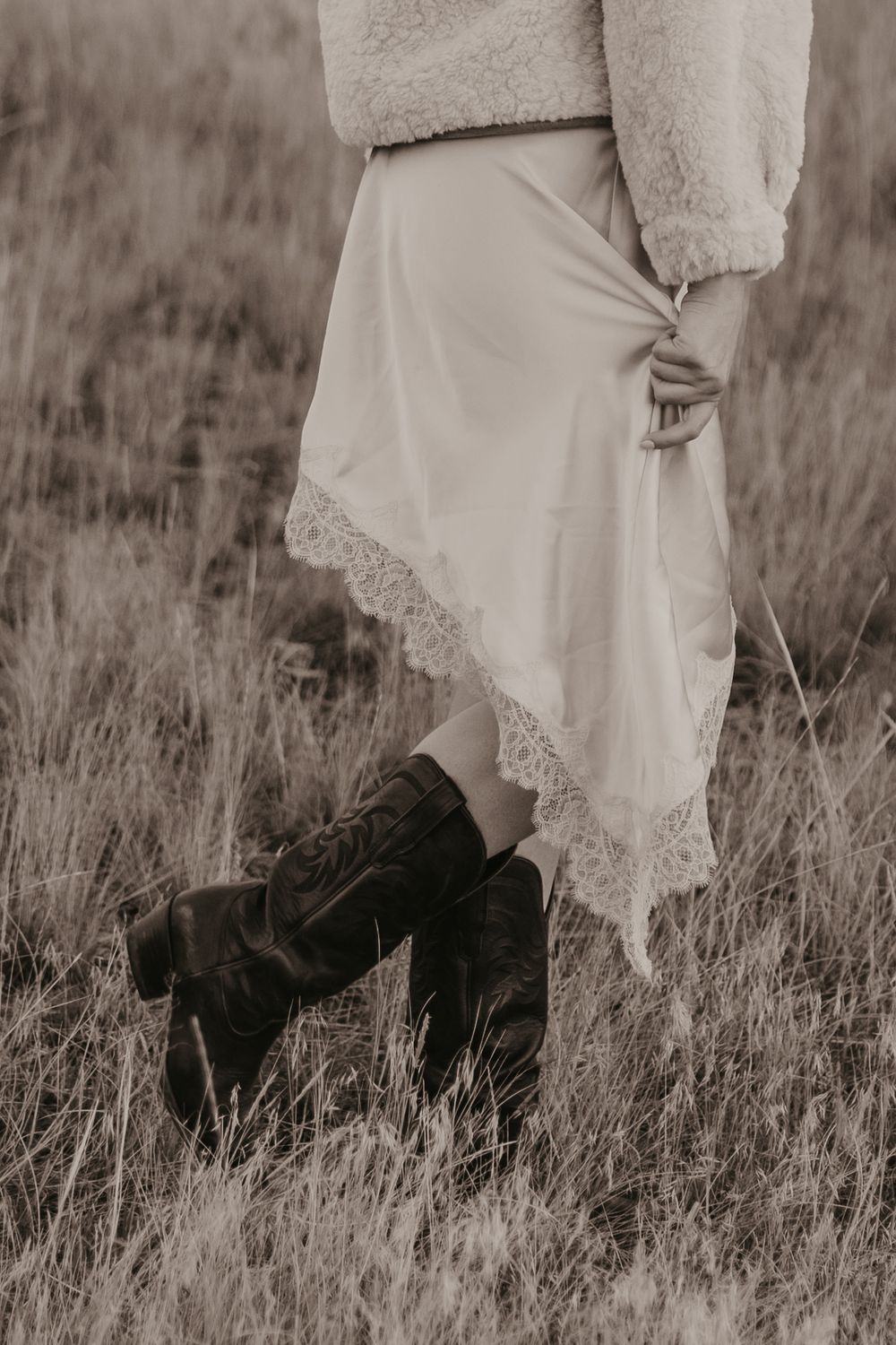 Western women shows off her dress in Paradise valley for their engagement photos captured by Montana Photographer in Livingston, Montana