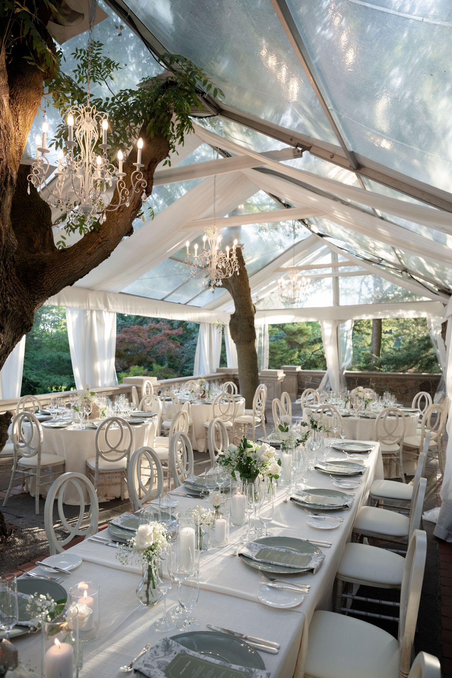 Elegant outdoor wedding reception setup with white tent canopy, crystal chandeliers and tables set for dining in a garden setting.