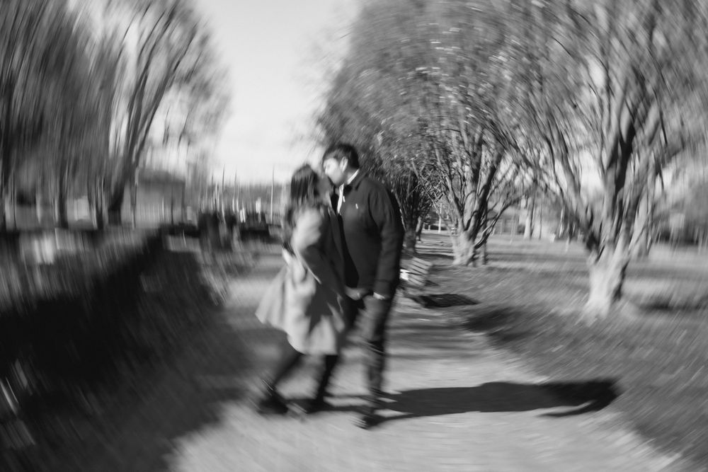 A skateboarding sequence showing a person performing a trick on a tree-lined path in black and white.