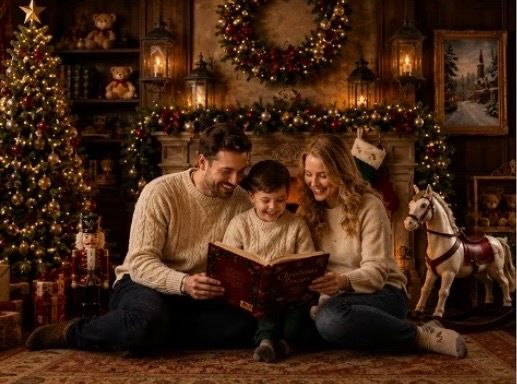 A festive Christmas scene with a golden retriever among wrapped presents, Santa decorations, and snowy white decor.