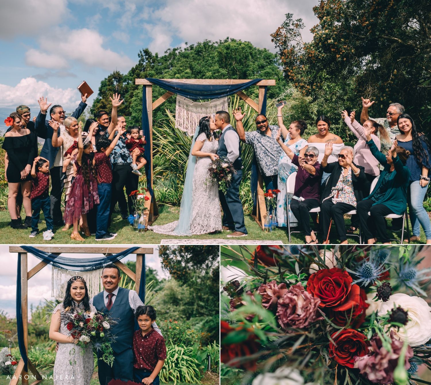 Wedding celebration with guests gathered outdoors under blue skies and greenery.