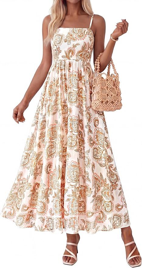 Floral print summer dress with spaghetti straps and flared skirt shown in multiple angles on white background.