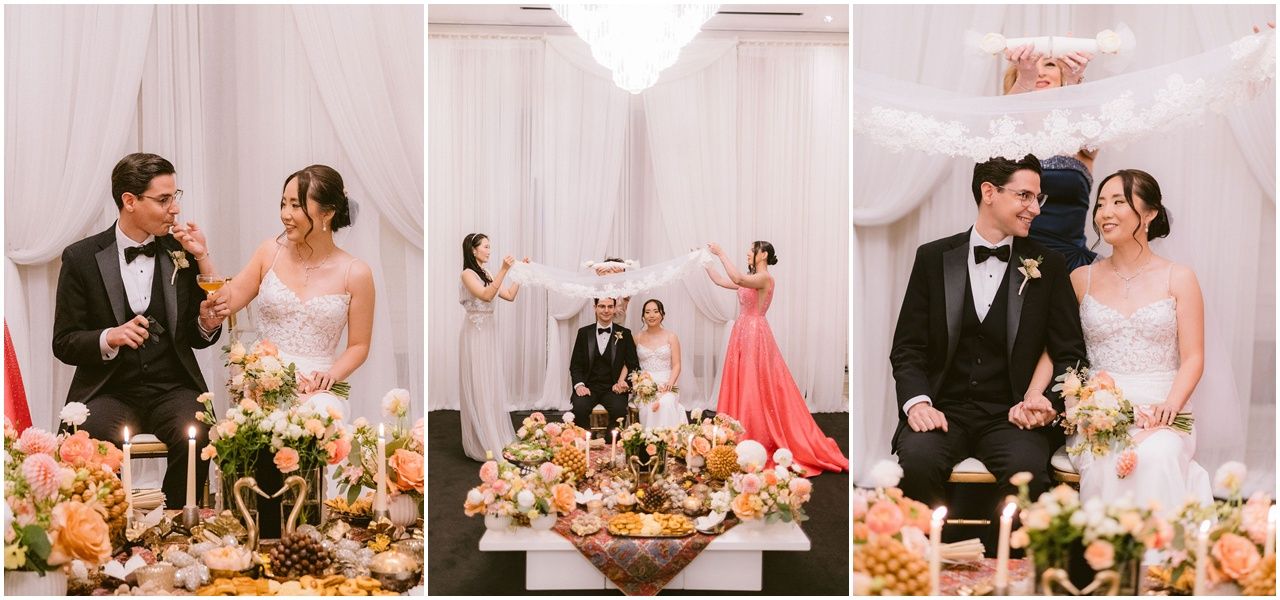 A series of wedding reception photos showing floral centerpieces, dining tables, and romantic moments at an elegant venue.