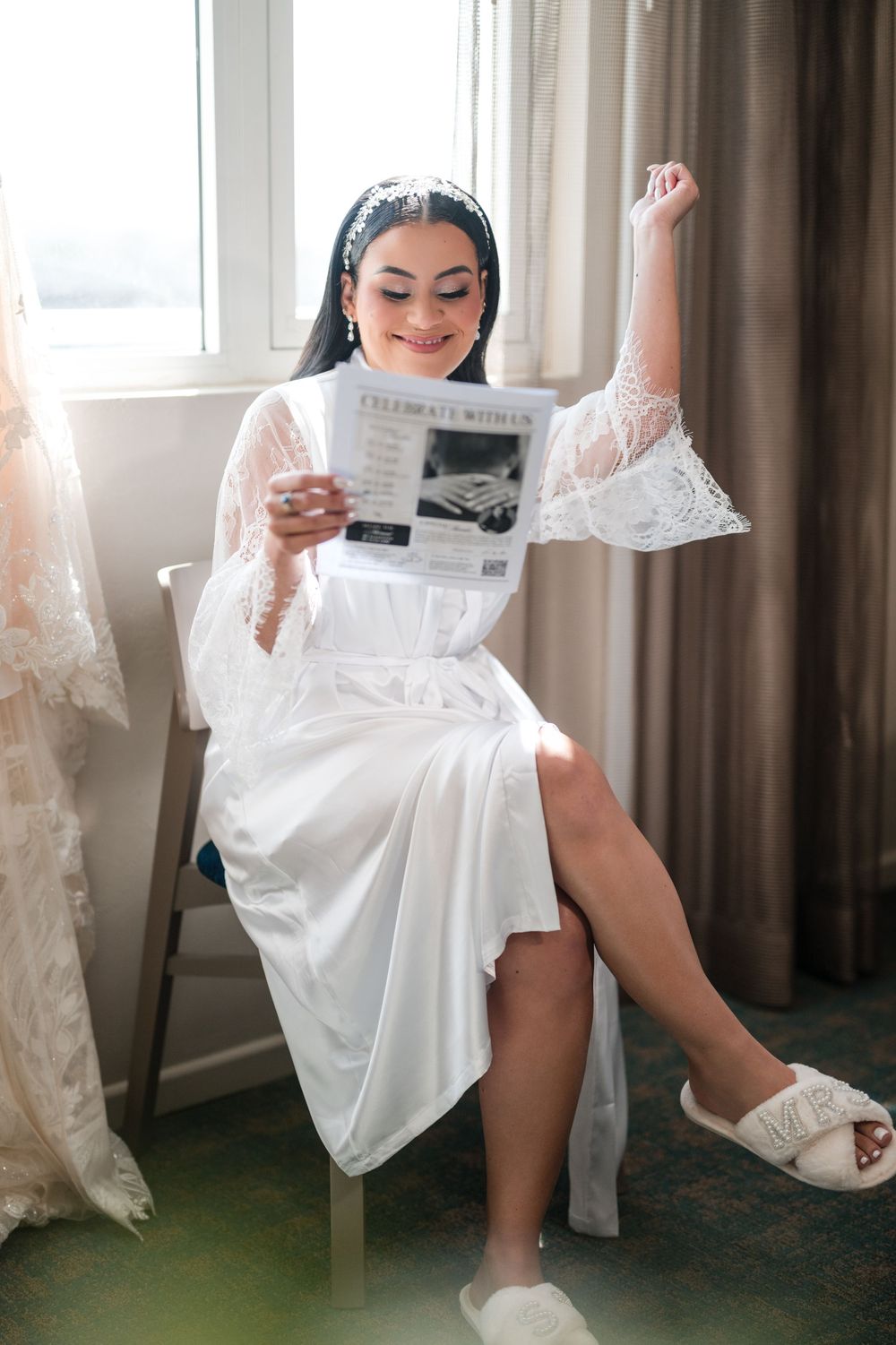Bride reading letter during wedding preparation in Puerto Rico