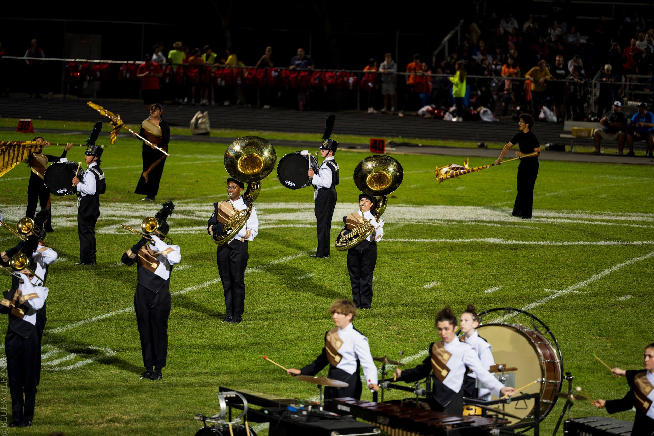 Marching band performs on football field at night, featuring brass instruments and drummers in black uniforms.