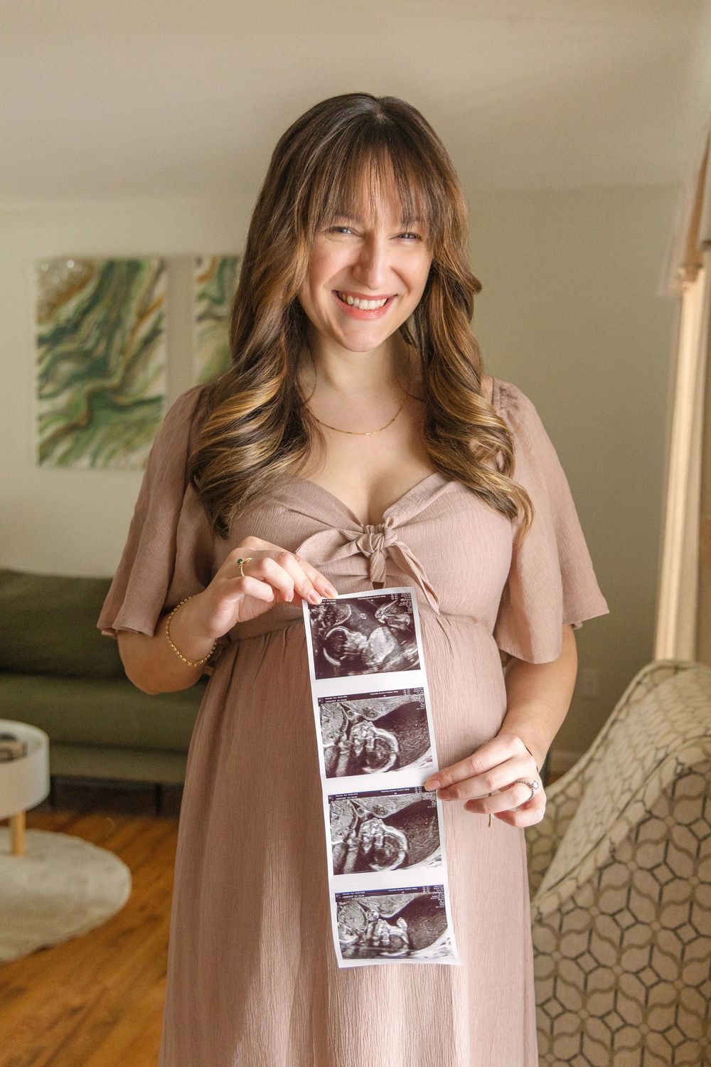 A series of photos showing someone in a beige dress holding up an ultrasound photo while smiling.