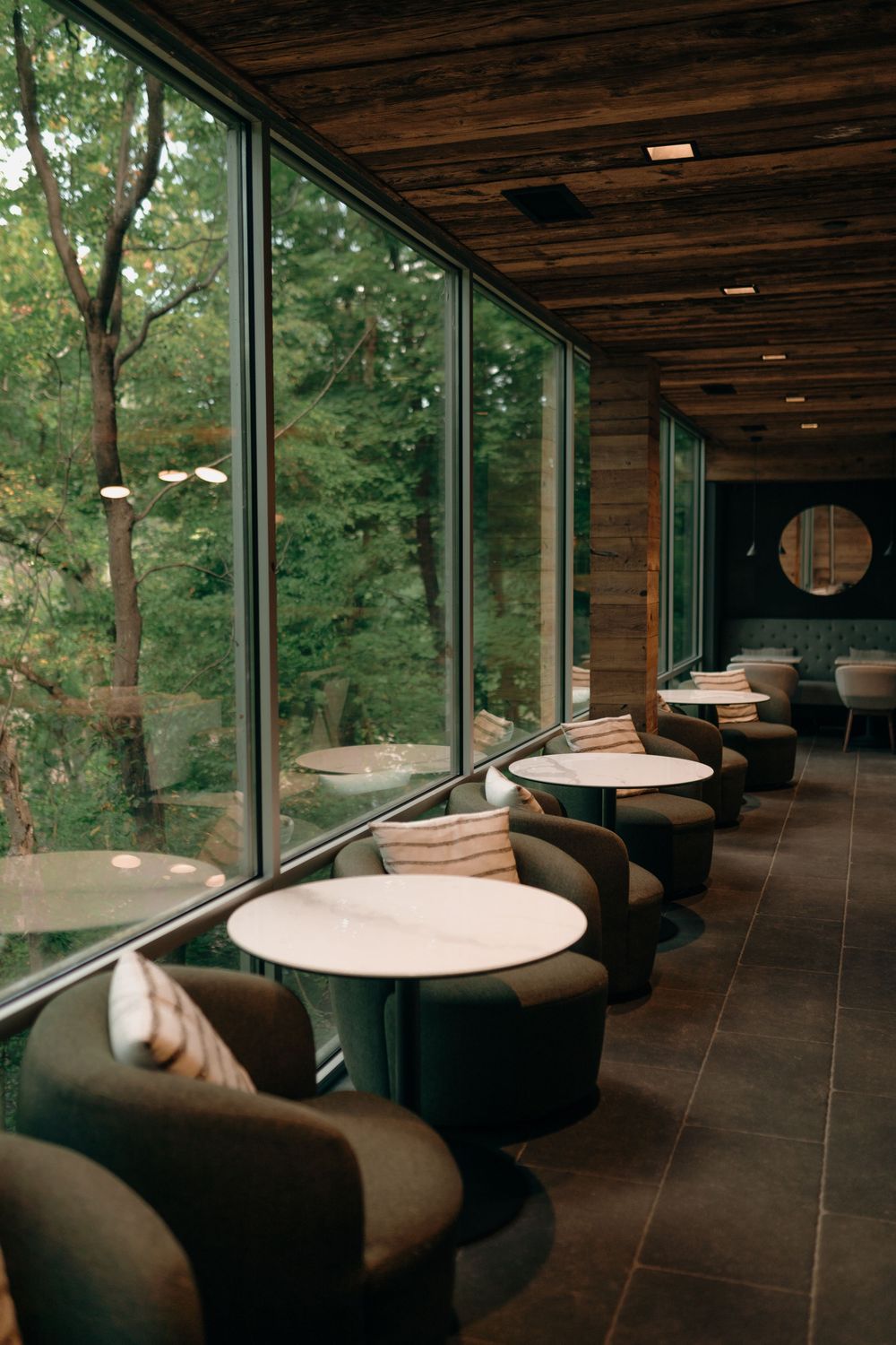 Modern cafe interior with floor-to-ceiling windows, wooden ceiling, and round tables with plush chairs overlooking forest views.