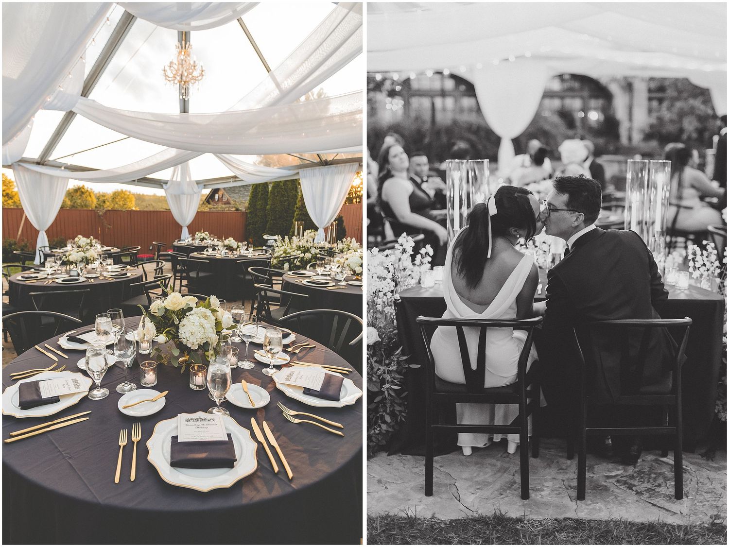 Elegant black and white wedding reception tables decorated with floral centerpieces and crystal glassware create a romantic atmosphere.