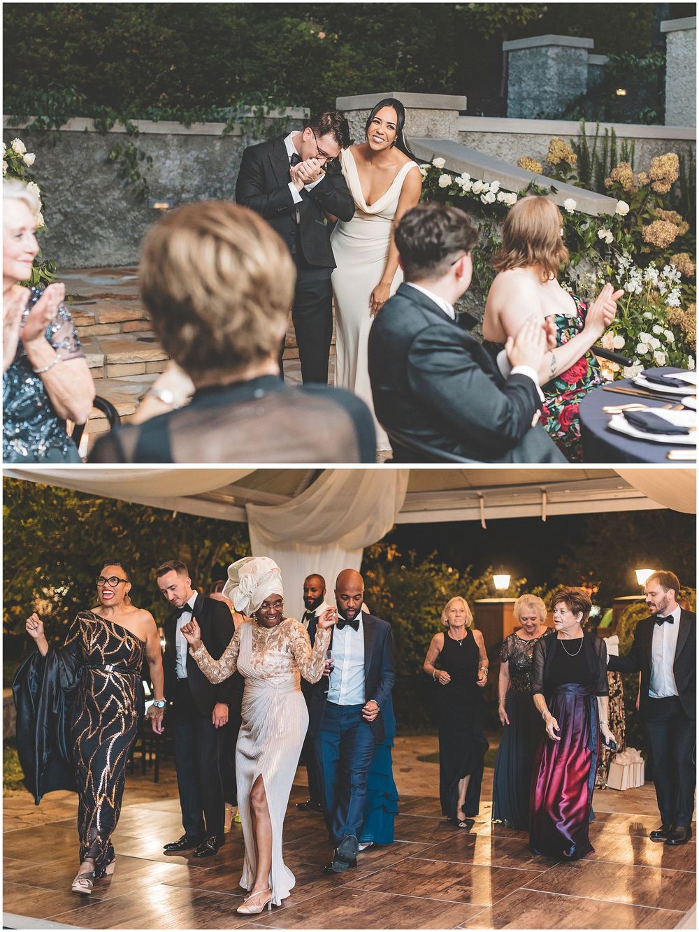 Wedding guests dance together on a dimly lit dance floor during an evening reception celebration.