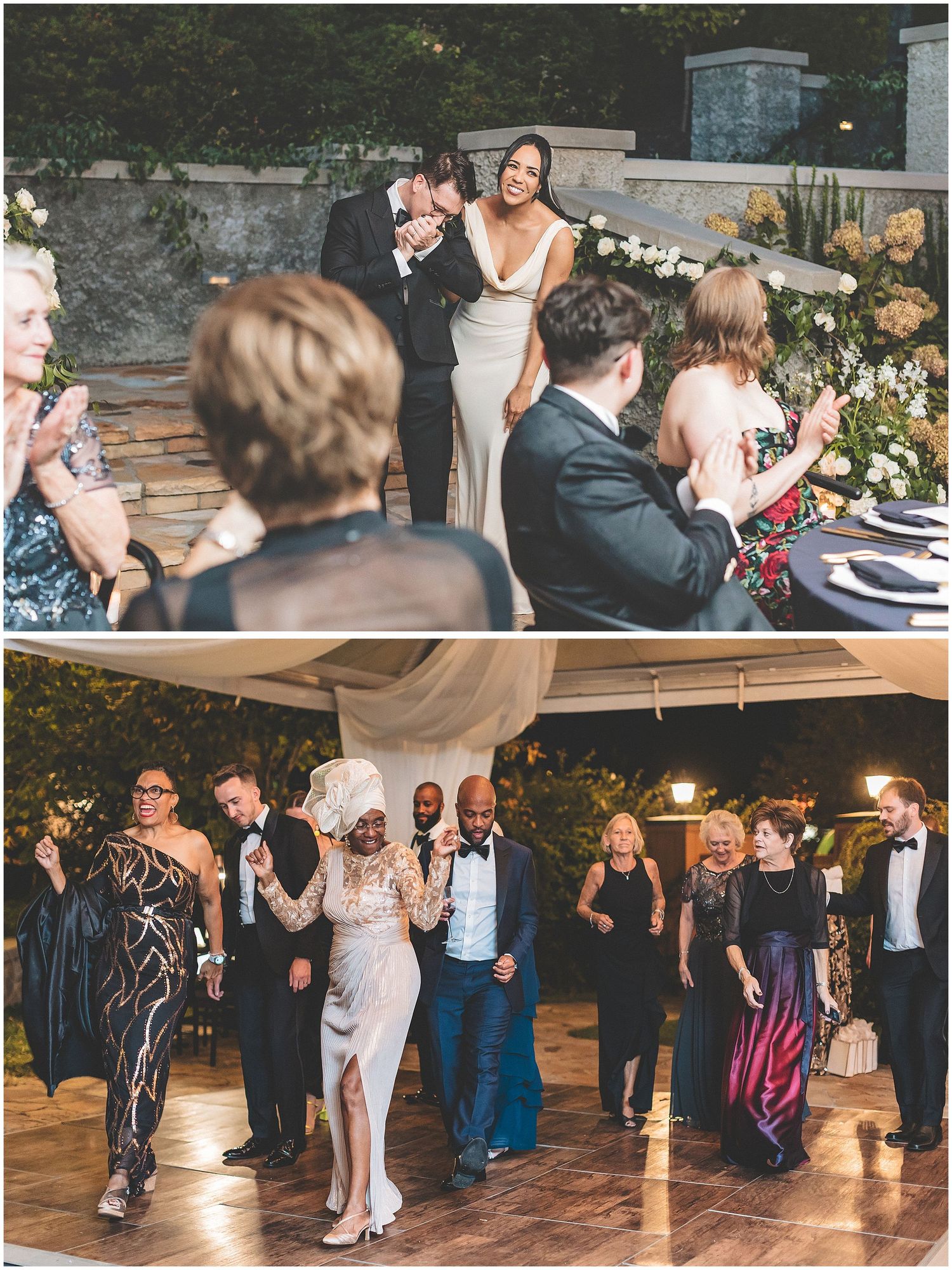 Wedding guests dance together on a dimly lit dance floor during an evening reception celebration.