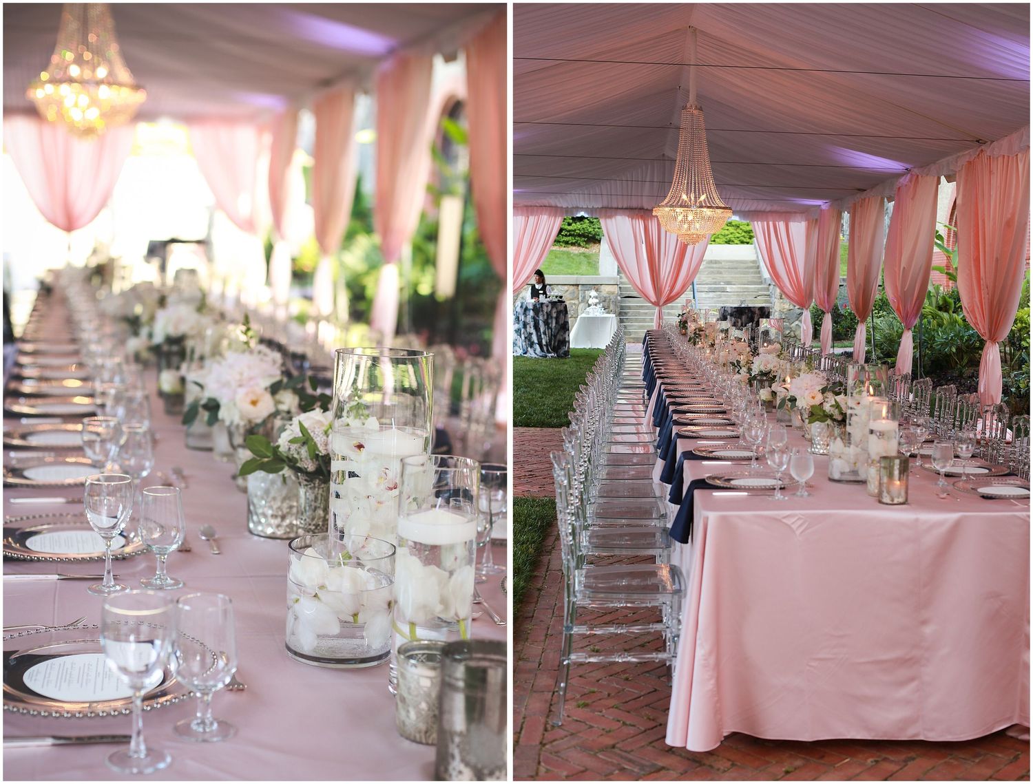 Elegant wedding reception tables decorated with pink linens, white floral centerpieces, and crystal candelabras under a draped tent.