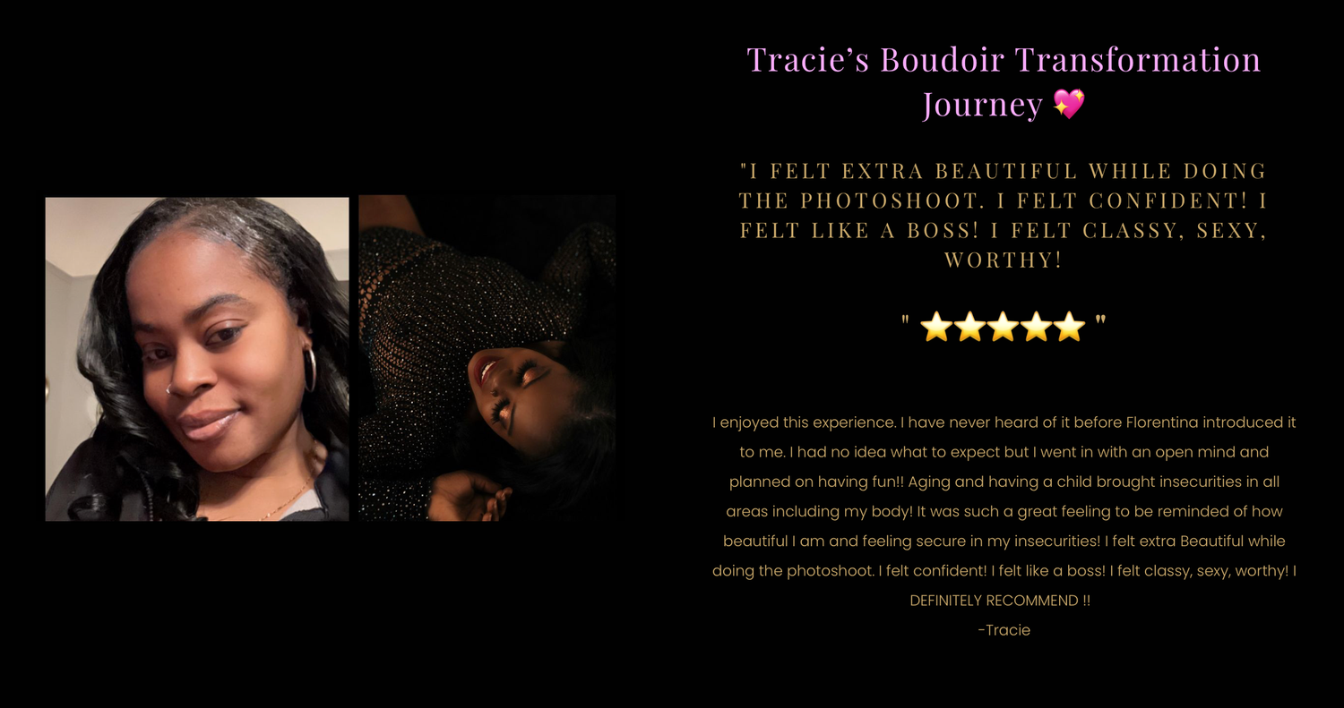 Side by side before and after boudoir photography transformation images showing pink hair and glamour styling.