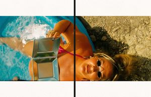 A series of overlapping artistic portrait photographs with vibrant turquoise and orange tones against textured backgrounds.
