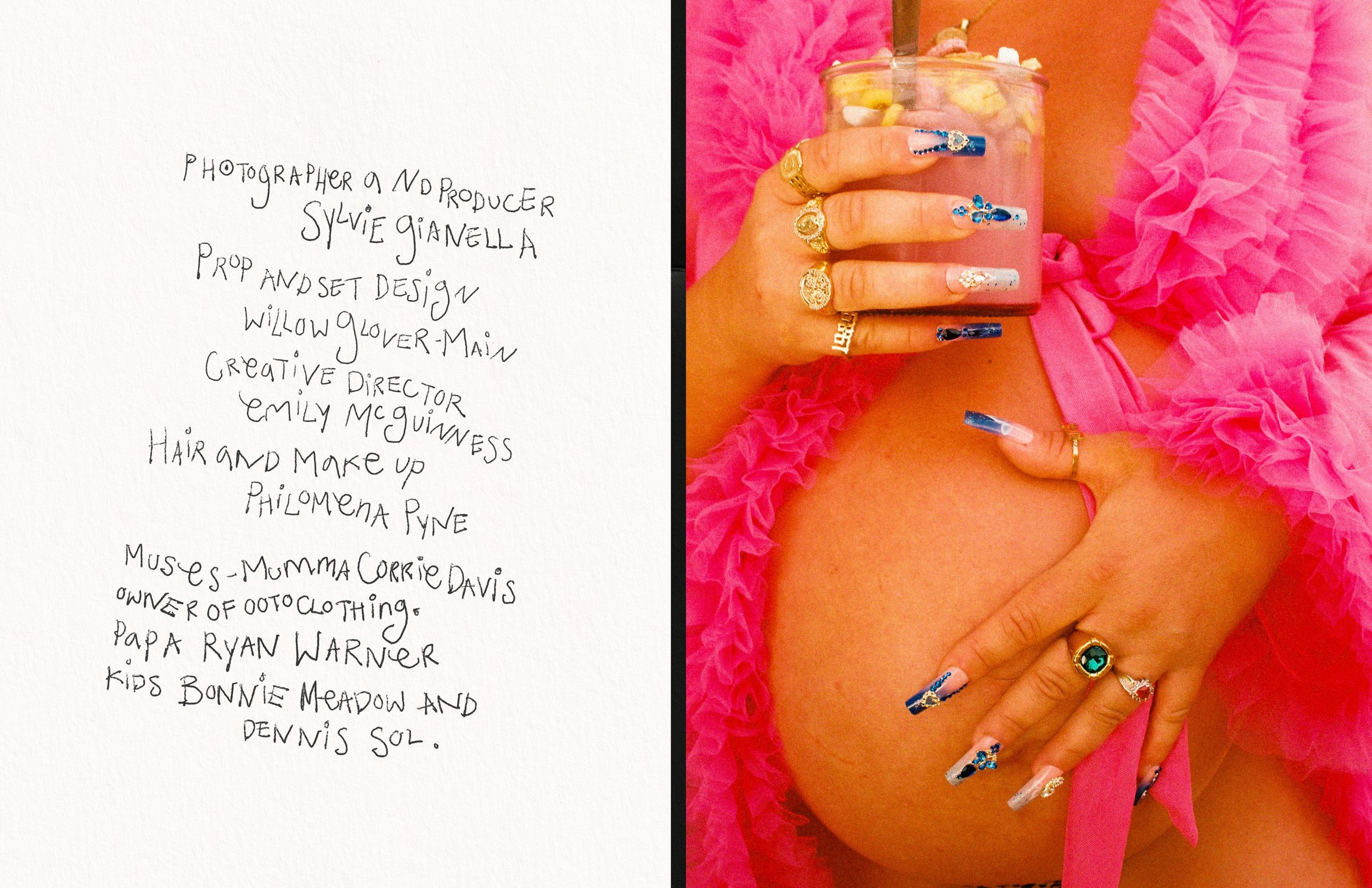 A pink tulle dress against a white background with manicured hands showing off sparkly nail art.
