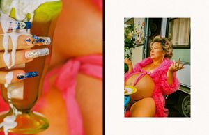 A collage of colorful blurred photographs showing abstract pink and orange shapes with glimpses of indoor scenes.