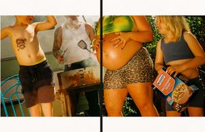 Party scene with people dancing and celebrating in casual summer outfits.