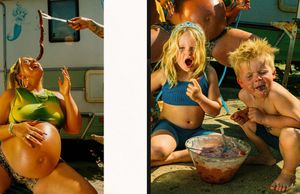 A series of images showing someone eating a bowl of food while lying down in an unusual position.