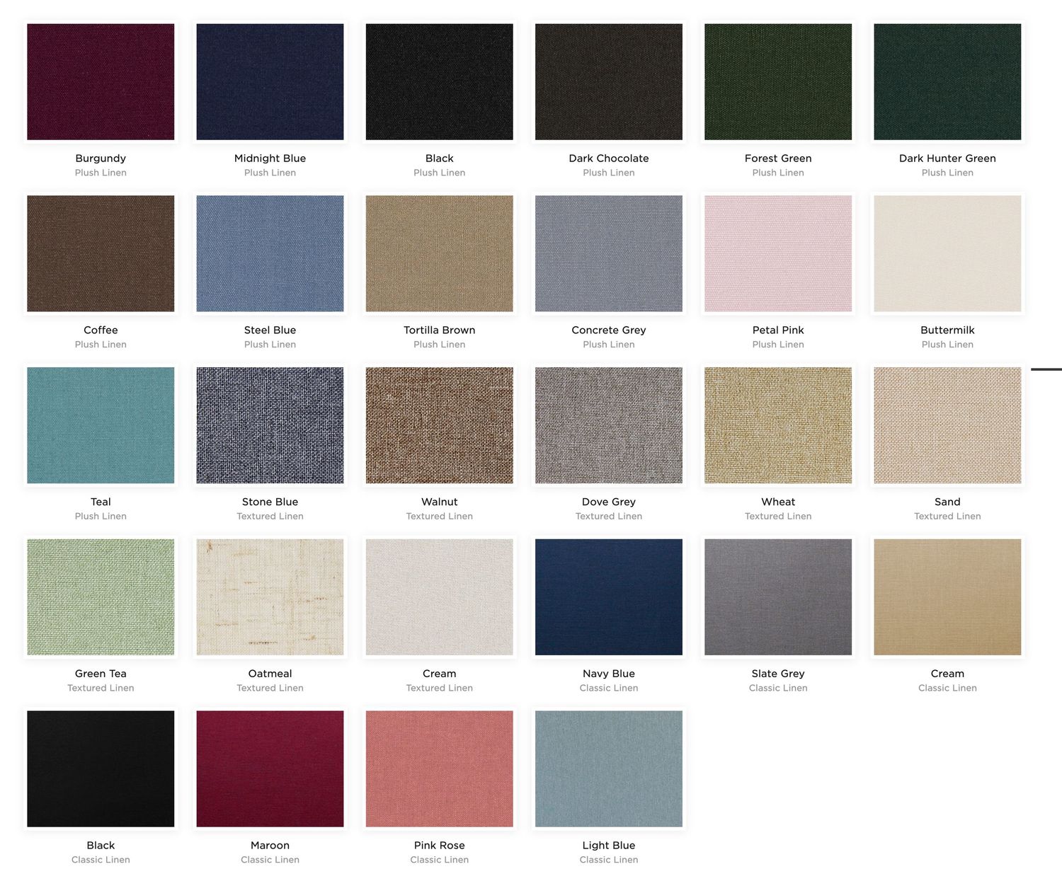 A fabric swatch color palette showing various upholstery samples in burgundy, navy, black, green, brown, and beige tones.