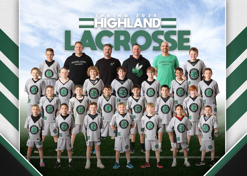 A lacrosse team poses for their official group photo wearing white uniforms with green accents against a cloudy sky backdrop.