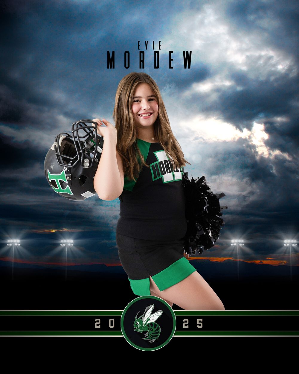 Dramatic sports composite photo series with dark stormy sky backdrop and green accents showing athletic poses.