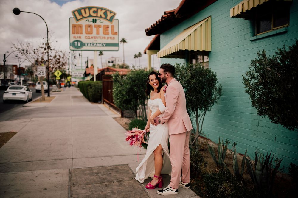 A series of romantic photos outside a teal-colored building with vintage signage and urban street views.
