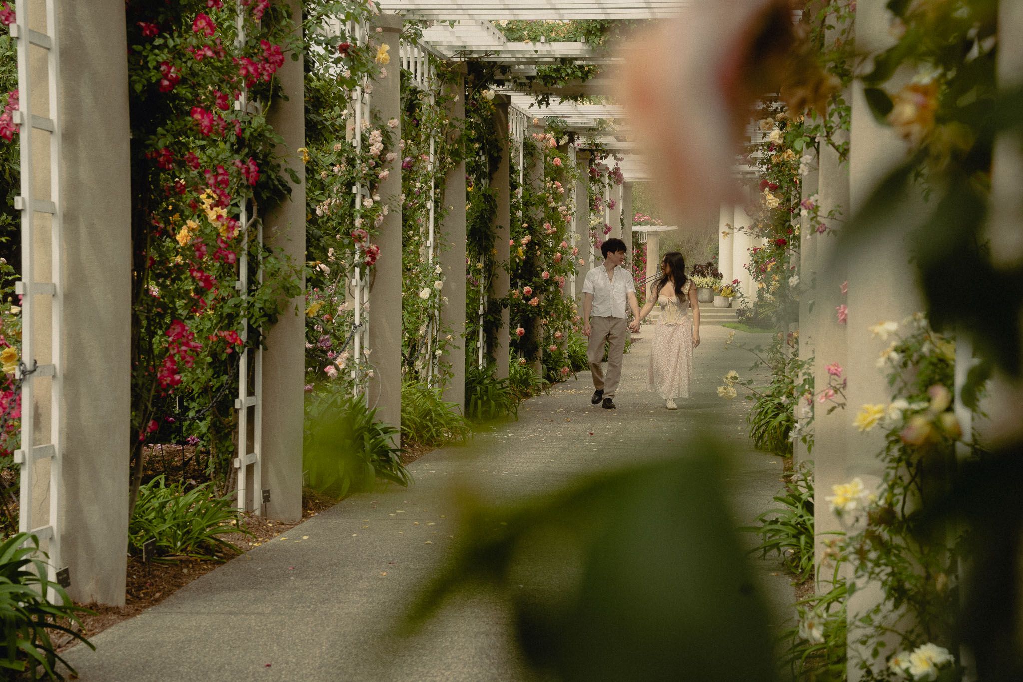 Huntington Library Engagement Photos | Cindy & Brandon walking to Rose Garden