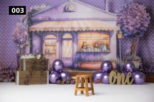 Purple storefront backdrop with balloons and wooden stool for photography setup.
